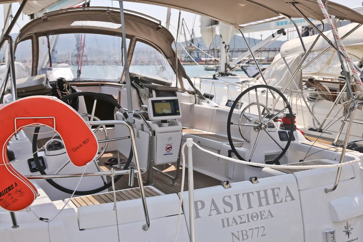 Cockpit of Pasithea, a Jeanneau Sun Odyssey 439 sailboat at Volos, Greece