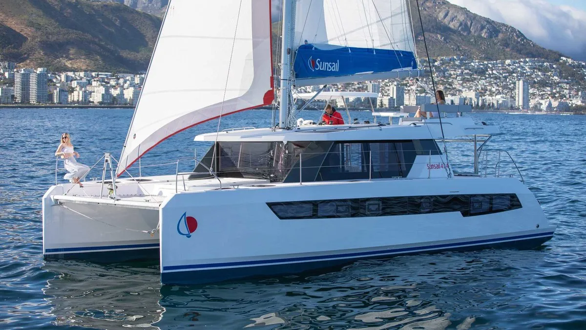 Exterior view of Sunsail 424/4/4 Premium Plus, a Gulet Sunsail 424 catamaran at Kontokali, Greece