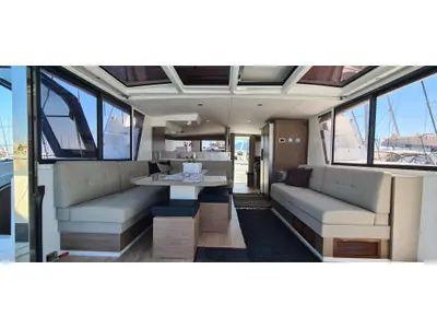 Salon of Ammos V, a Bali 4.6 catamaran at Lavrion, Greece