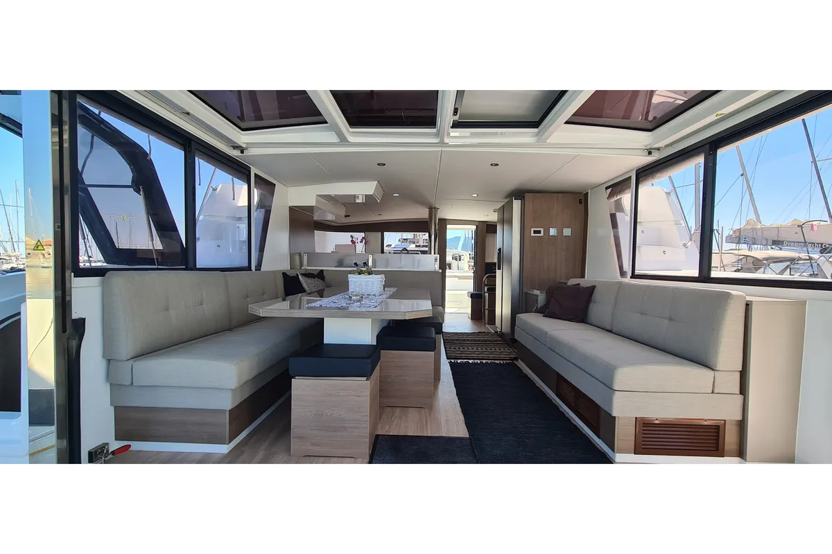 Salon of Ammos V, a Bali 4.6 catamaran at Lavrion, Greece