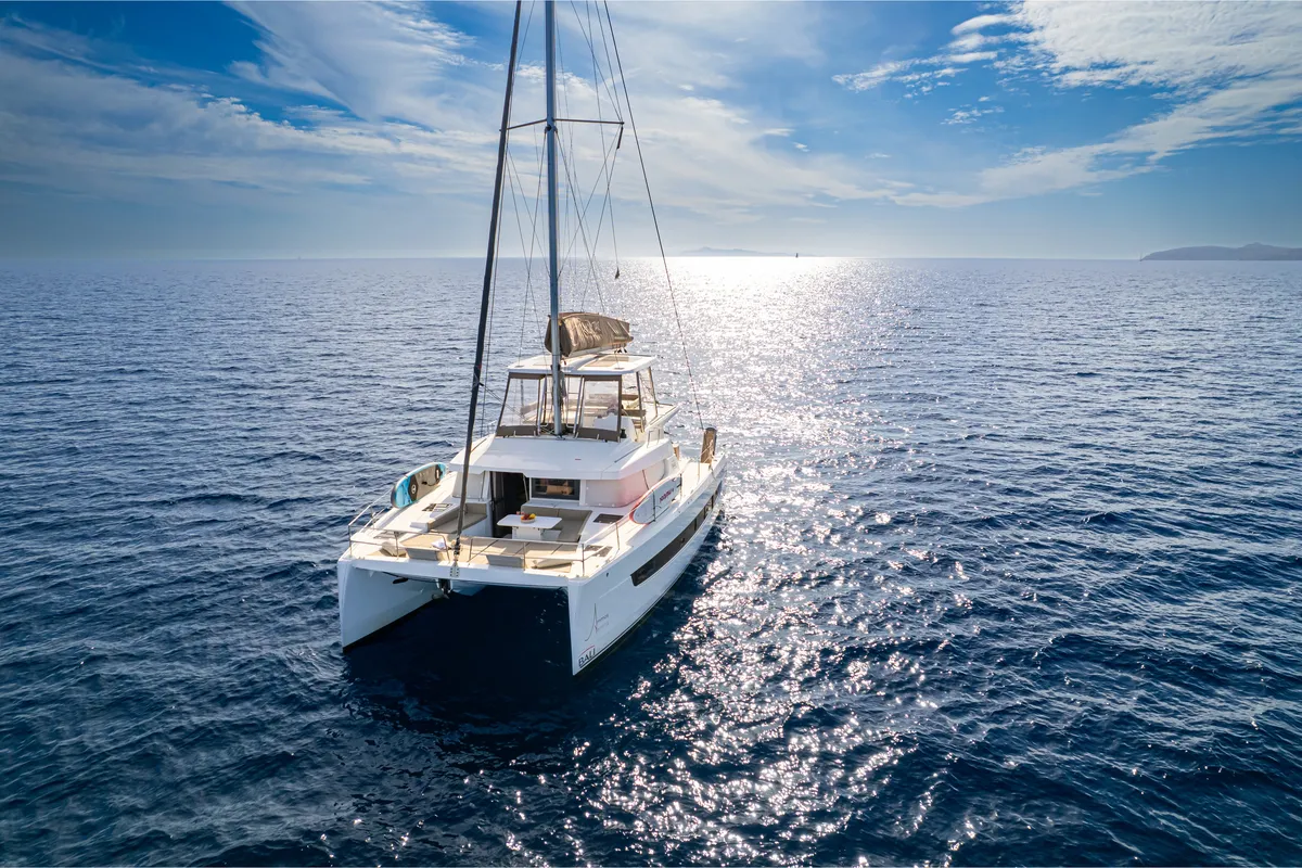 Exterior view of Ammos V, a Bali 4.6 catamaran at Lavrion, Greece