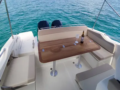 Deck of Nuvola, a Quicksilver Activ 875 Sundeck motorboat at Vigo, Spain
