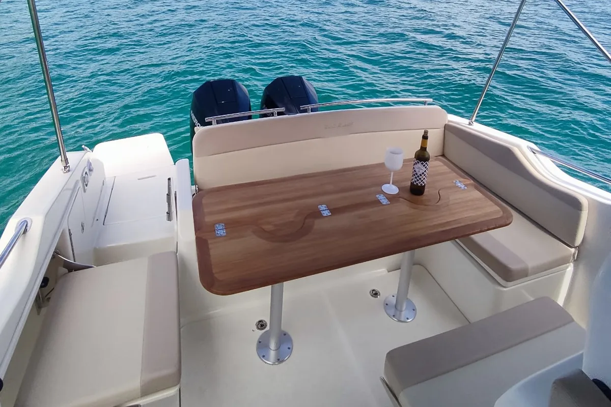 Deck of Nuvola, a Quicksilver Activ 875 Sundeck motorboat at Vigo, Spain