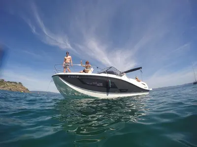 Exterior view of Nuvola, a Quicksilver Activ 875 Sundeck motorboat at Vigo, Spain
