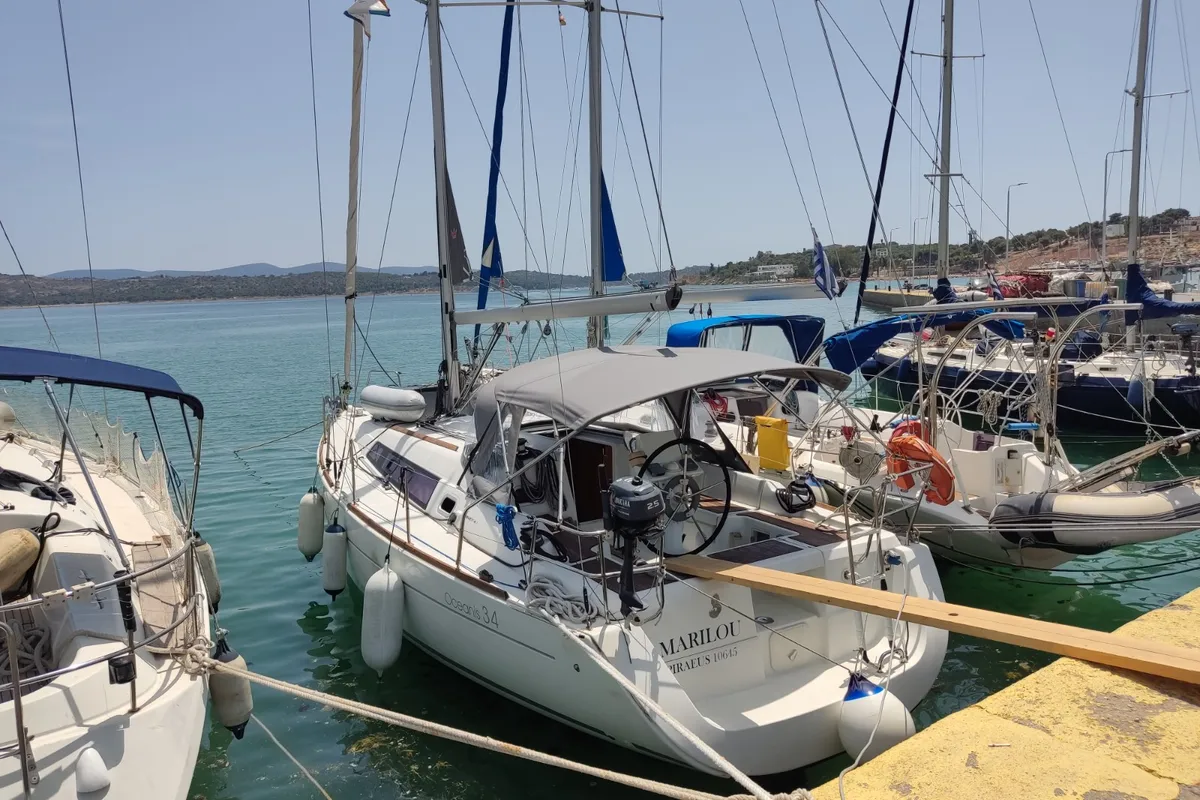 Exterior view of Marilou, a Beneteau Oceanis 34 sailboat at Municipal Unit of Nea Peramos, Greece