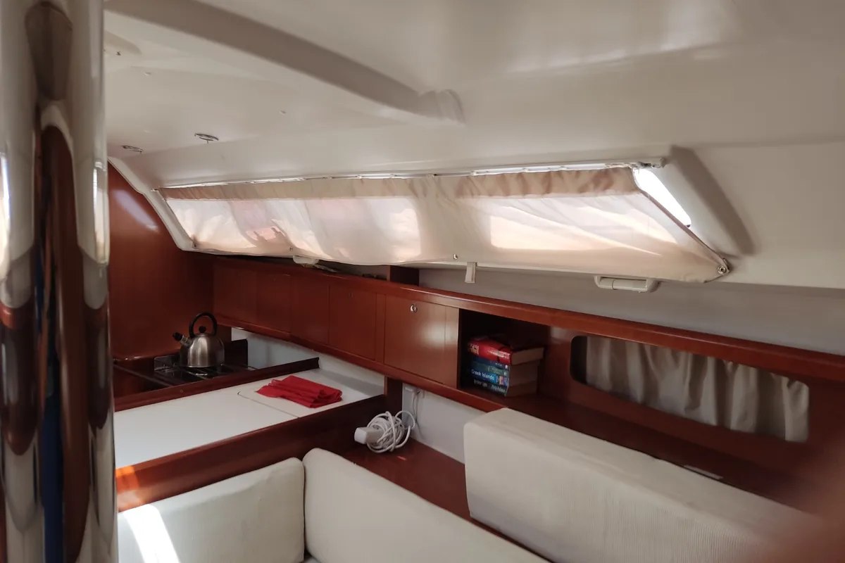 Salon of Marilou, a Beneteau Oceanis 34 sailboat at Municipal Unit of Nea Peramos, Greece