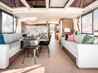 Salon of Arctic Wonder, a Bali 4.6 catamaran at Tromsø, Norway