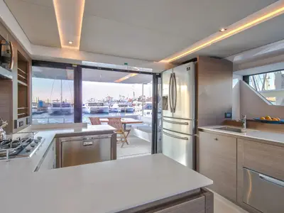 Galley of So Blue, a Leopard 53 PC catamaran at Grimaud, France