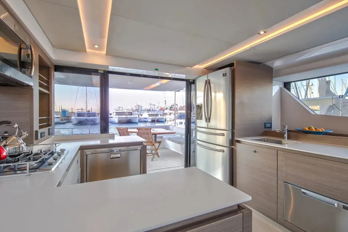 Galley of So Blue, a Leopard 53 PC catamaran at Grimaud, France
