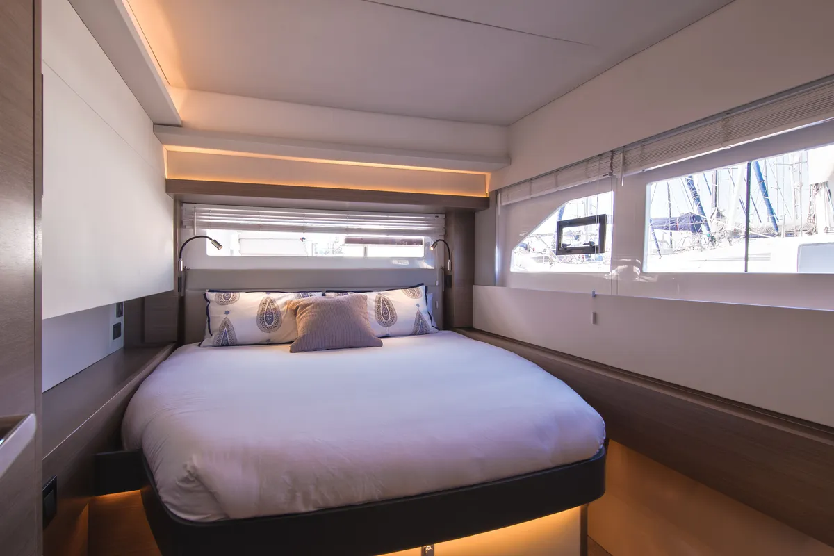 Cabin on So Blue, a Leopard 53 PC catamaran at Grimaud, France