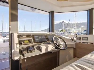 Cockpit of So Blue, a Leopard 53 PC catamaran at Grimaud, France