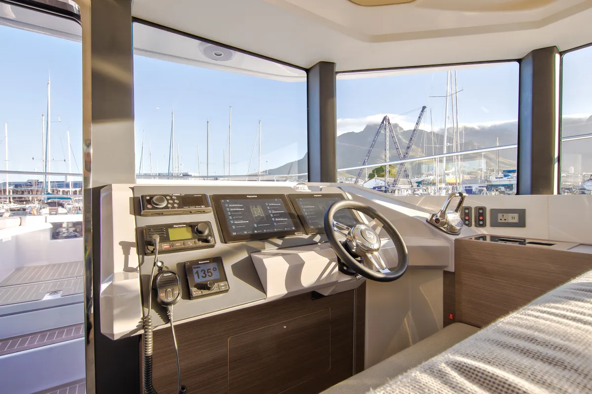 Cockpit of So Blue, a Leopard 53 PC catamaran at Grimaud, France