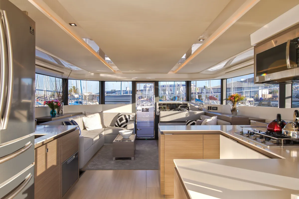 Salon of So Blue, a Leopard 53 PC catamaran at Grimaud, France