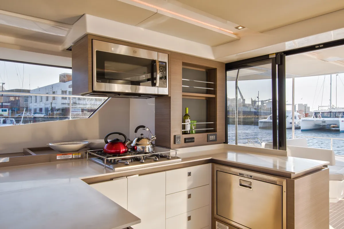 Galley of So Blue, a Leopard 53 PC catamaran at Grimaud, France