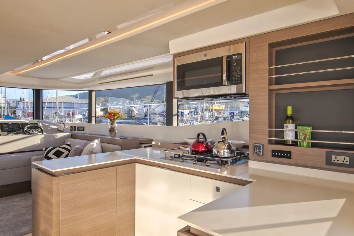 Galley of So Blue, a Leopard 53 PC catamaran at Grimaud, France