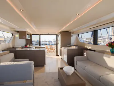 Salon of So Blue, a Leopard 53 PC catamaran at Grimaud, France