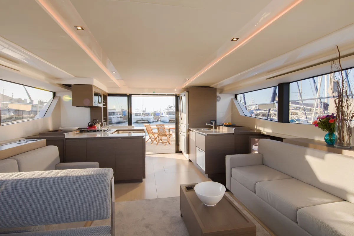 Salon of So Blue, a Leopard 53 PC catamaran at Grimaud, France