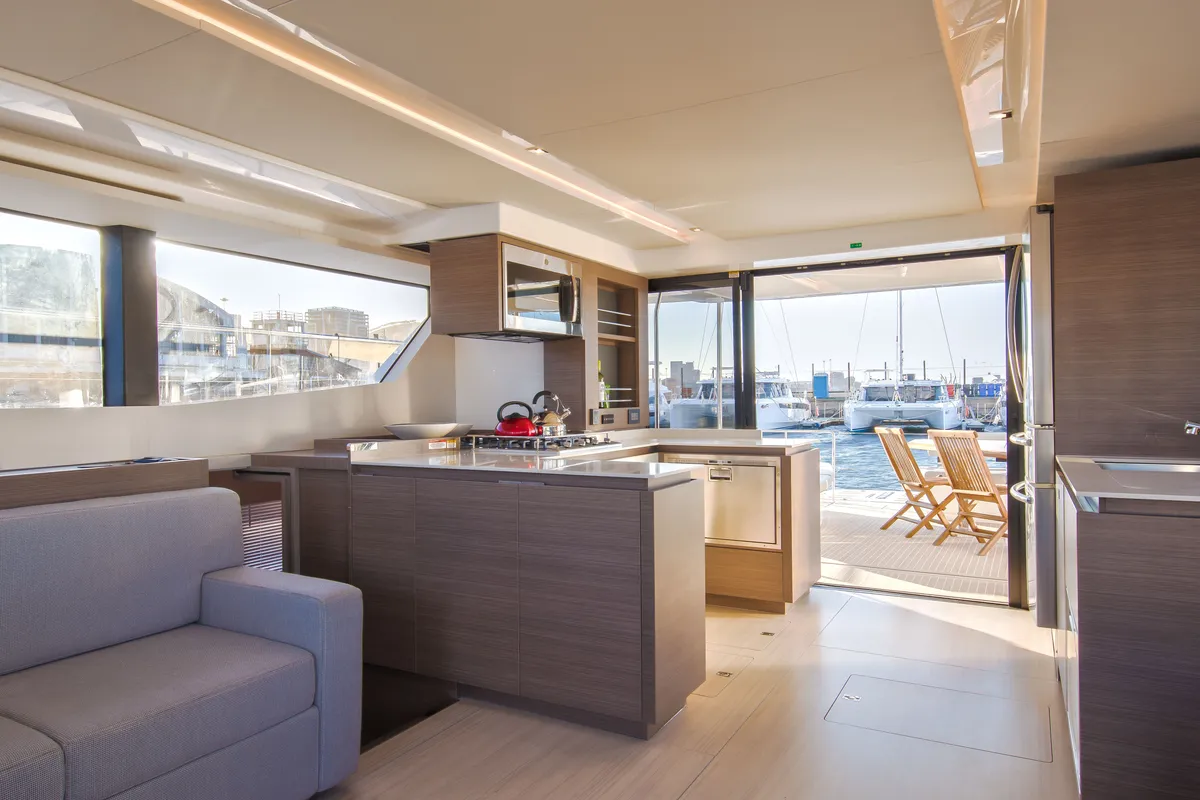 Salon of So Blue, a Leopard 53 PC catamaran at Grimaud, France