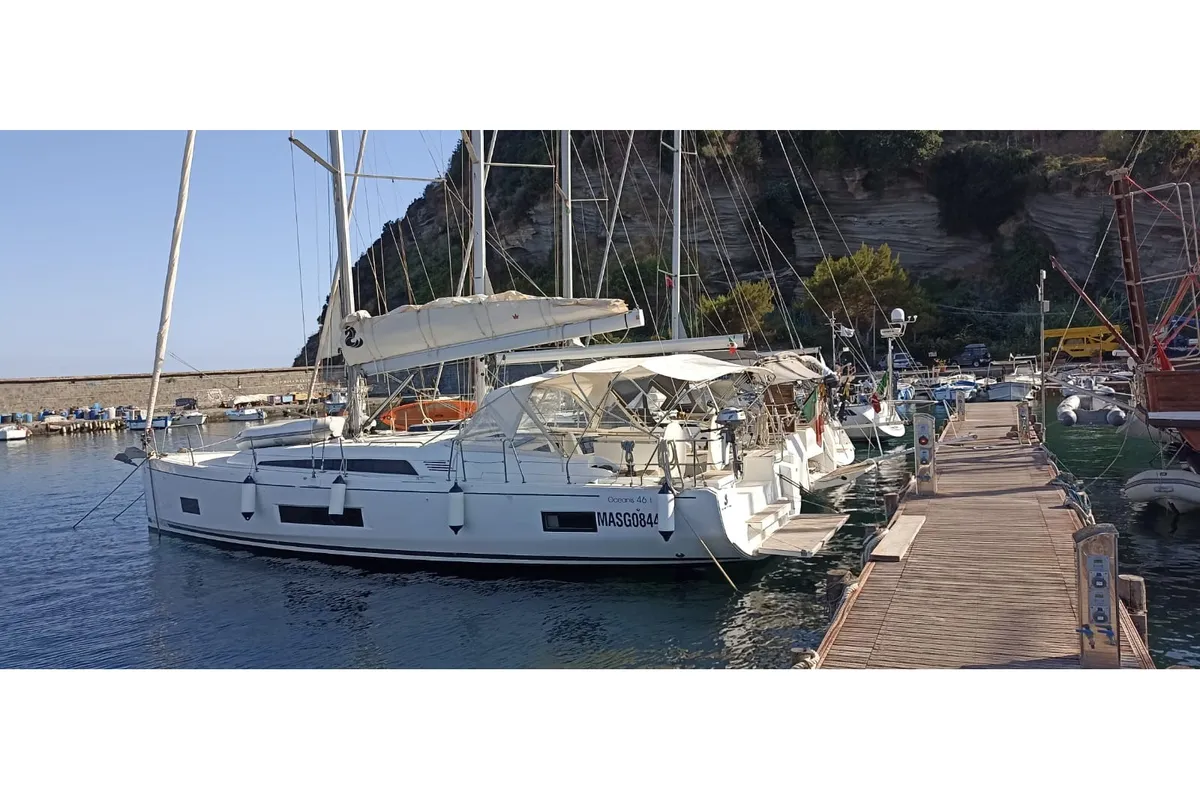 Exterior view of Scinachiena, a Beneteau Oceanis 46.1 sailboat at Castellammare di Stabia, Italy