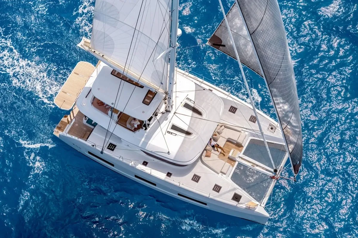 Exterior view of The Moon (MAR), a Lagoon 55 catamaran at Alameda, United States