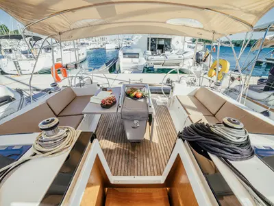 Deck of Diana, a Beneteau Oceanis 45 sailboat at Grad Šibenik, Croatia