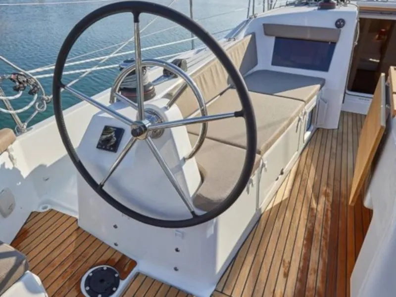 Cockpit of Chimera, a Jeanneau Sun Odyssey 410 sailboat at Municipal Unit of Lefkada, Greece