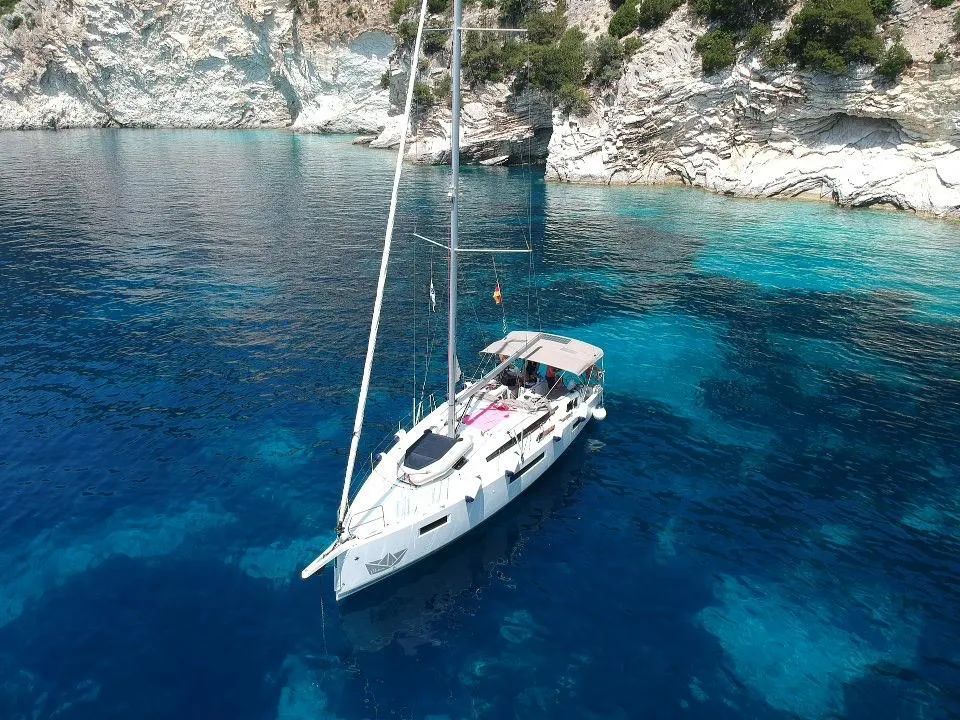 Exterior view of Chimera, a Jeanneau Sun Odyssey 410 sailboat at Municipal Unit of Lefkada, Greece