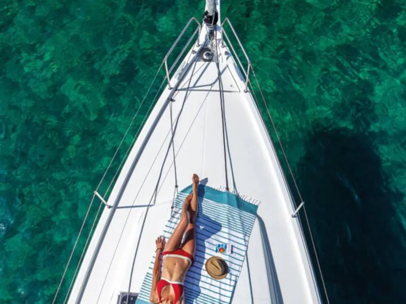 Exterior view of Chimera, a Jeanneau Sun Odyssey 410 sailboat at Municipal Unit of Lefkada, Greece