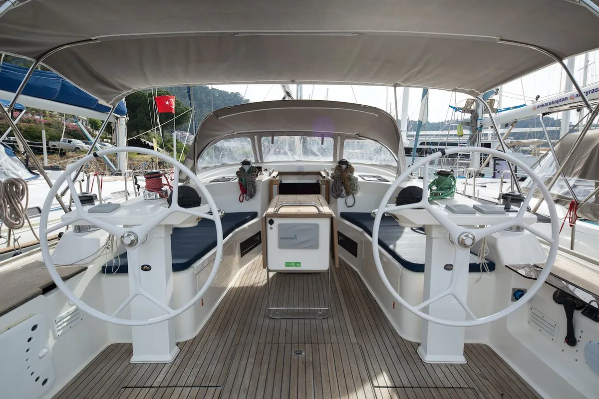 Cockpit of Bavaria Cruiser 50, a sailboat at Fethiye, Turkey