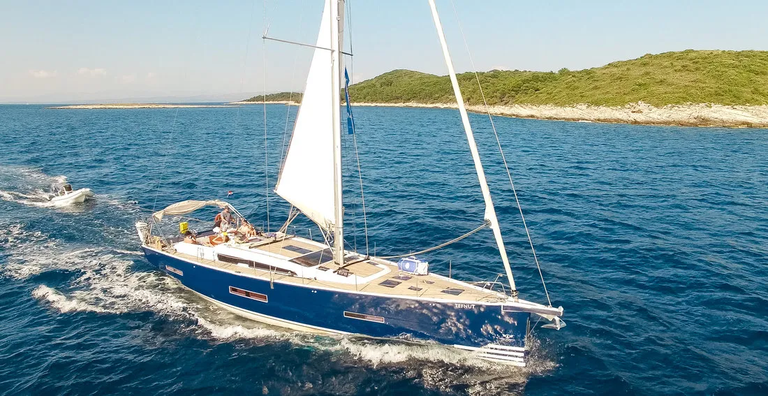 Exterior view of Tefnut, a Dufour Exclusive 56 sailboat at Primošten, Croatia