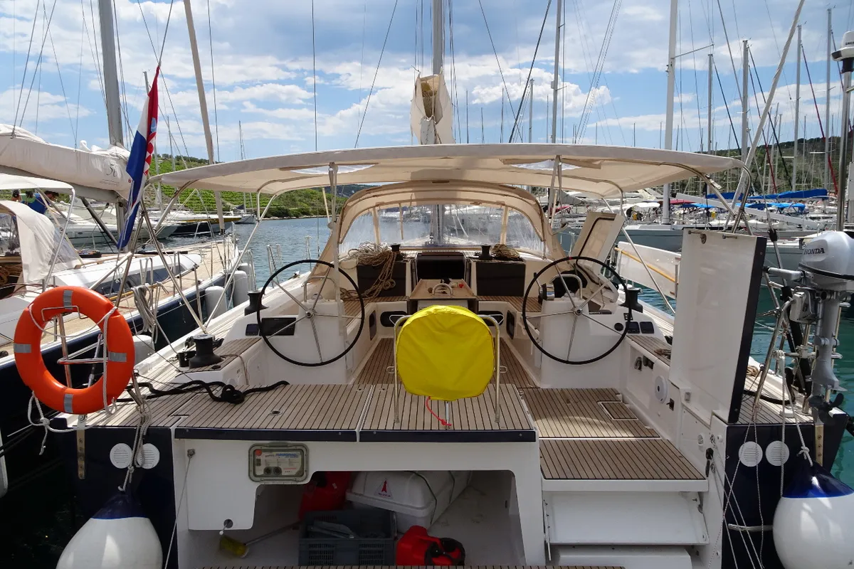 Cockpit of Tefnut, a Dufour Exclusive 56 sailboat at Primošten, Croatia