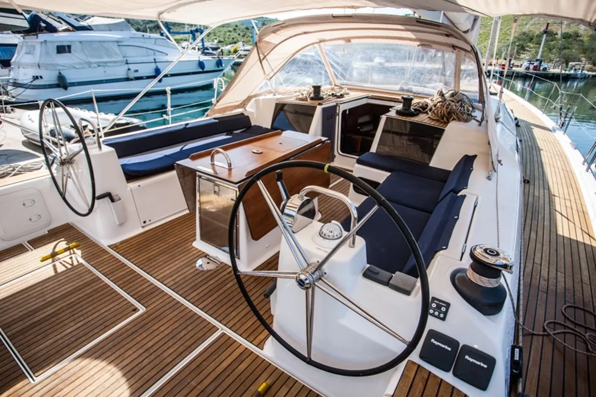 Cockpit of Tefnut, a Dufour Exclusive 56 sailboat at Primošten, Croatia