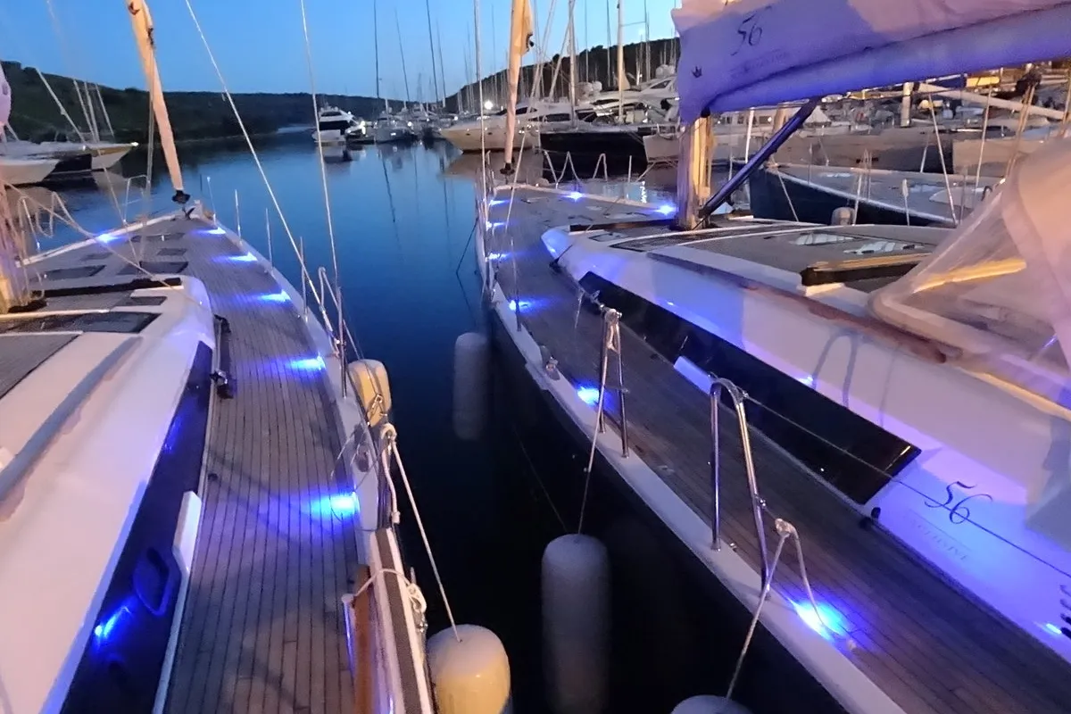 Deck of Tefnut, a Dufour Exclusive 56 sailboat at Primošten, Croatia