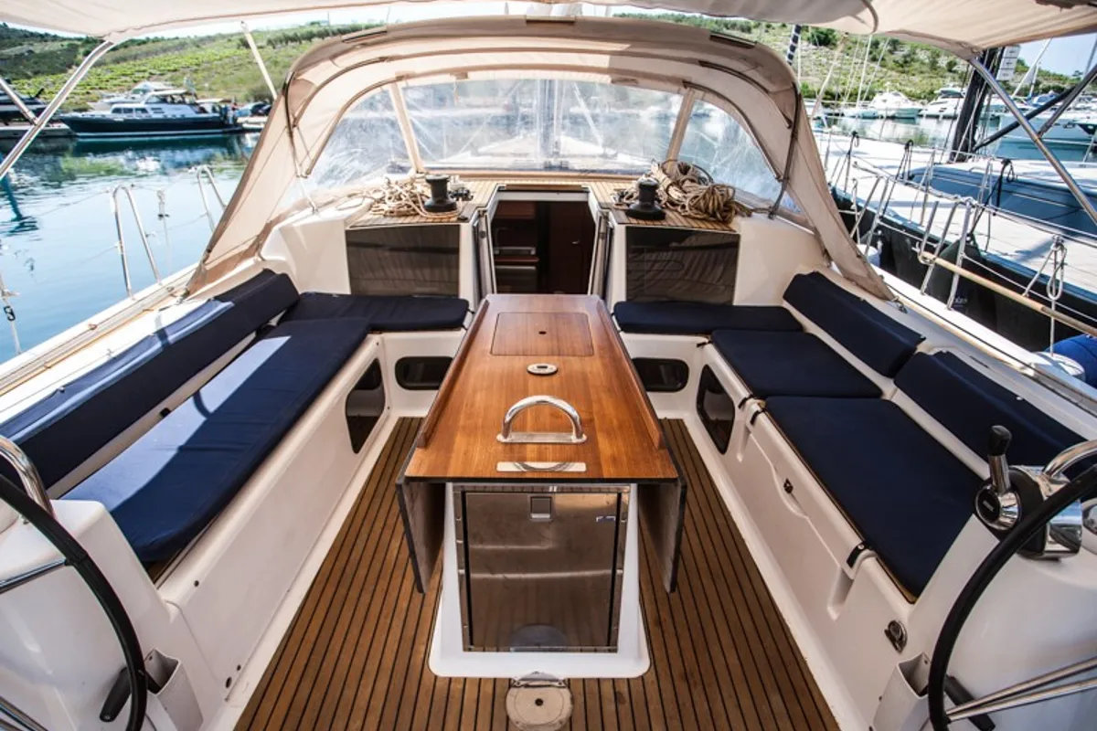 Cockpit of Tefnut, a Dufour Exclusive 56 sailboat at Primošten, Croatia