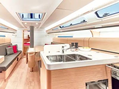 Salon of Ship Happens, a Dehler 38 sailboat at Punat, Croatia