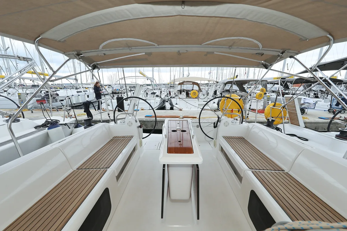 Cockpit of Neptune, a Dufour 412 GL sailboat at Grad Biograd na Moru, Croatia