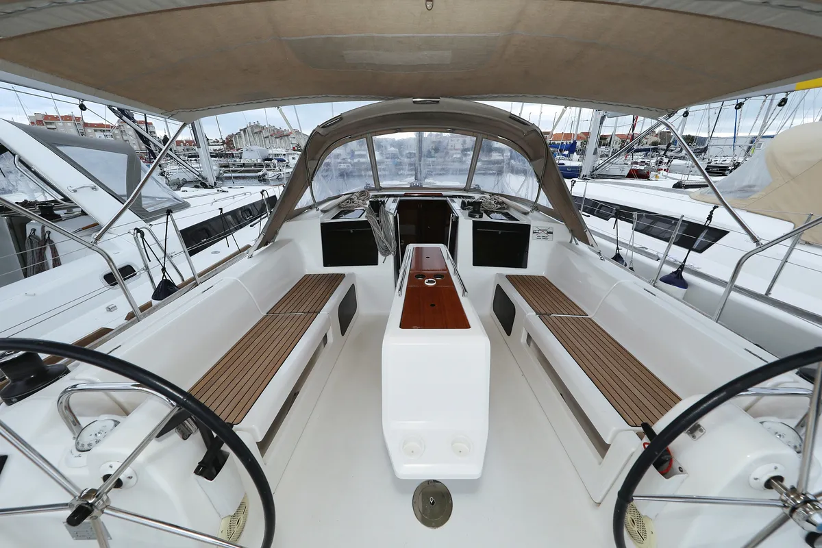 Cockpit of Neptune, a Dufour 412 GL sailboat at Grad Biograd na Moru, Croatia