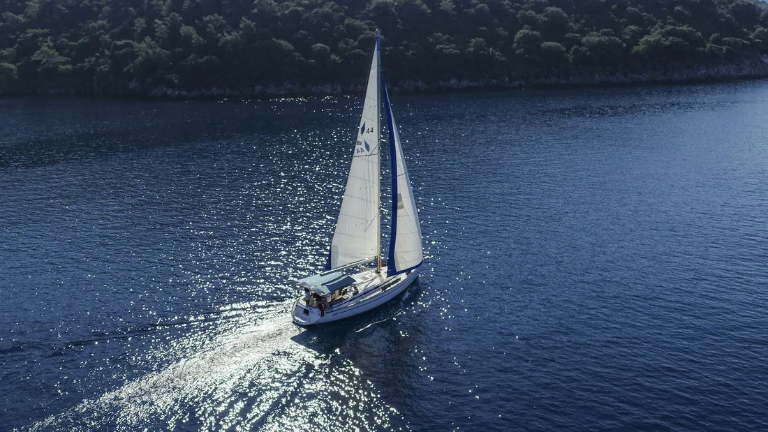 Exterior view of Sahbaz, a Bavaria 44 sailboat at Fethiye, Turkey