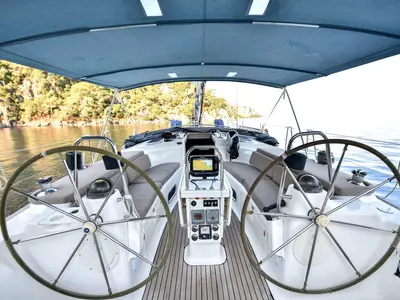 Cockpit of Sahbaz, a Bavaria 44 sailboat at Fethiye, Turkey