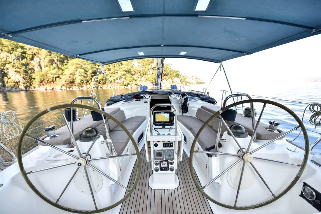 Cockpit of Sahbaz, a Bavaria 44 sailboat at Fethiye, Turkey
