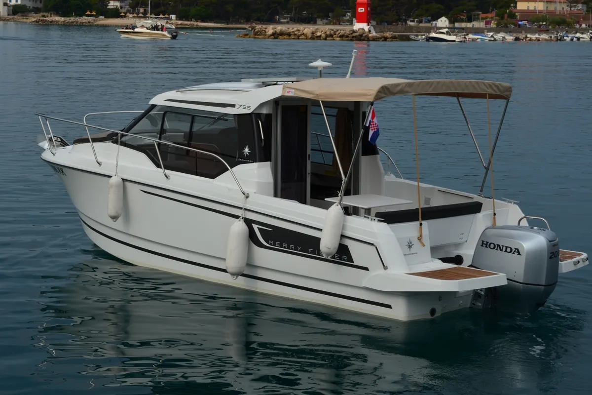 Exterior view of MF 795, a Jeanneau Merry Fisher 795 motorboat at Punat, Croatia