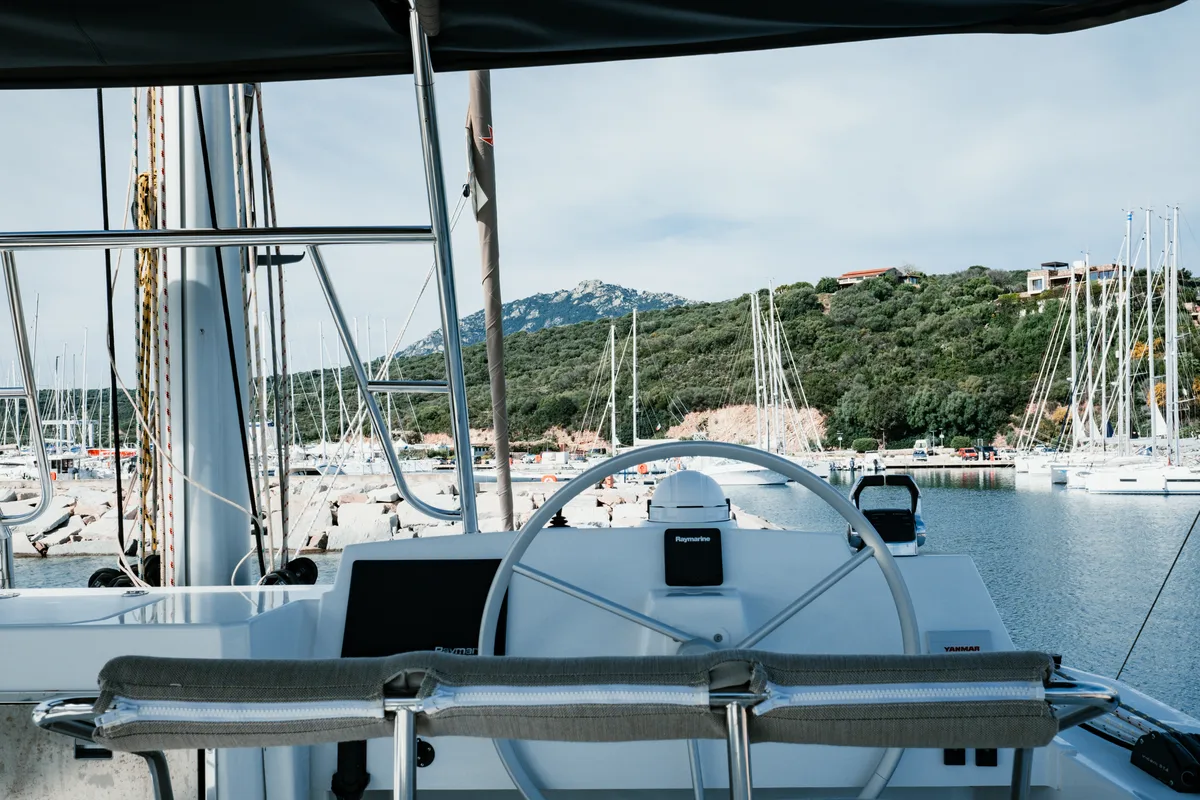 Cockpit of Alfa.bm2, a Bali 5.4 catamaran at Tonnarella, Italy