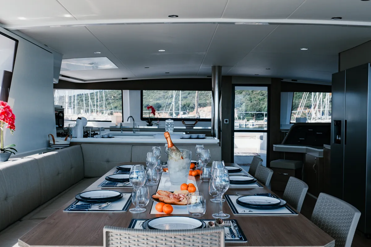 Salon of Alfa.bm2, a Bali 5.4 catamaran at Tonnarella, Italy