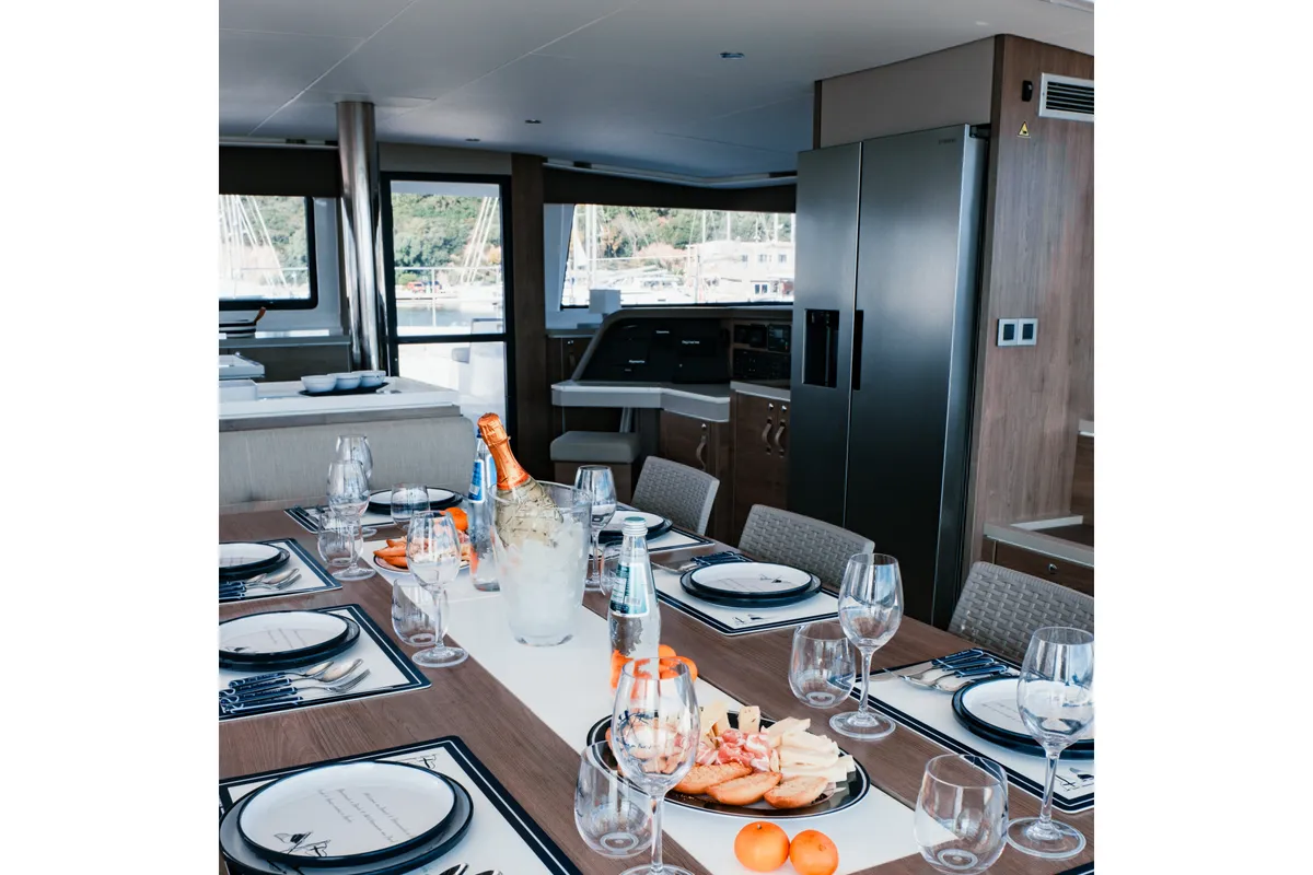 Salon of Alfa.bm2, a Bali 5.4 catamaran at Tonnarella, Italy