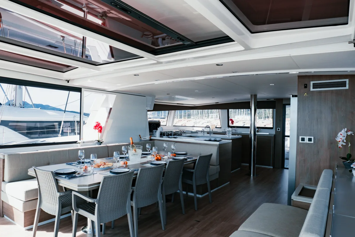 Salon of Alfa.bm2, a Bali 5.4 catamaran at Tonnarella, Italy