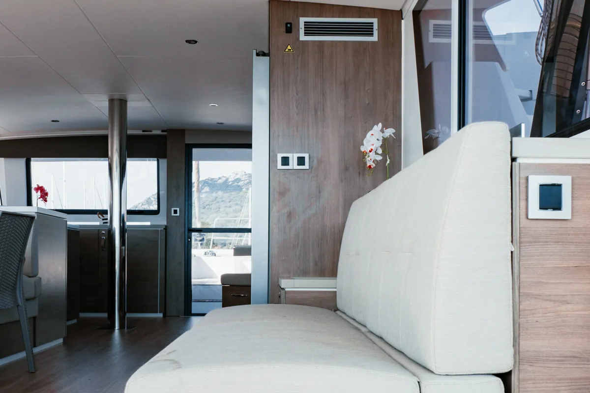 Salon of Alfa.bm2, a Bali 5.4 catamaran at Tonnarella, Italy
