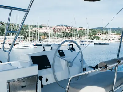 Cockpit of Alfa.bm2, a Bali 5.4 catamaran at Tonnarella, Italy