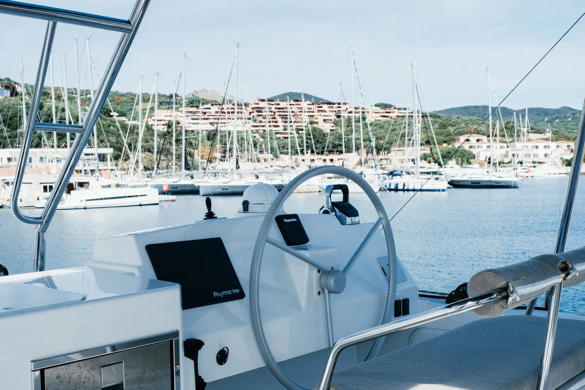 Cockpit of Alfa.bm2, a Bali 5.4 catamaran at Tonnarella, Italy