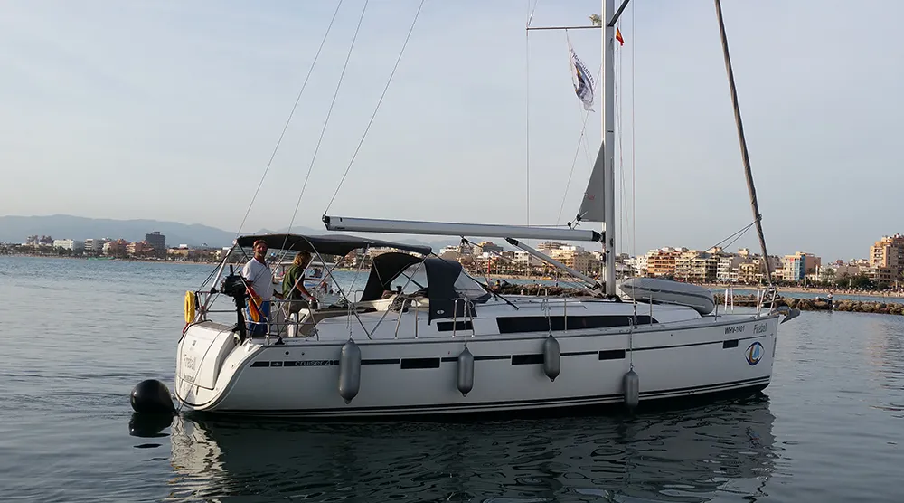 Exterior view of Fireball, a Bavaria Cruiser 41 sailboat at Llucmajor, Spain