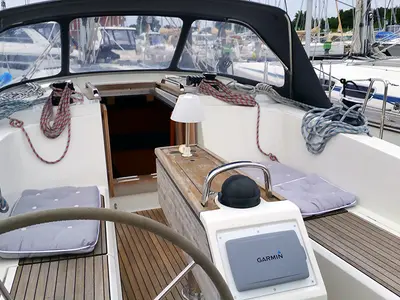 Cockpit of Fireball, a Bavaria Cruiser 41 sailboat at Llucmajor, Spain